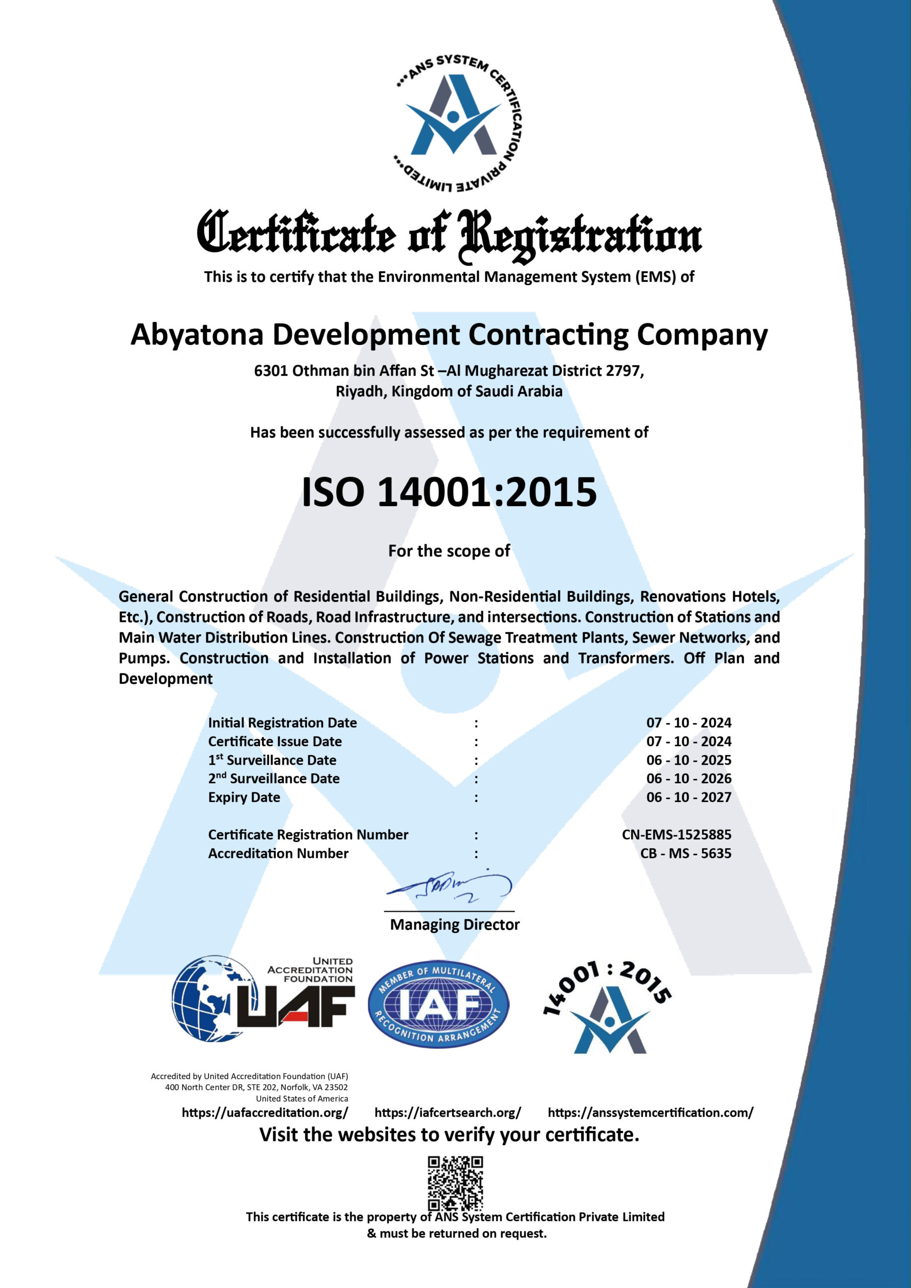 Abyatona Development Contracting Company 14001 2015 Certificate - Environmental Management System